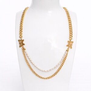 Stainless Steel Butterfly Gold and Pearl Necklace